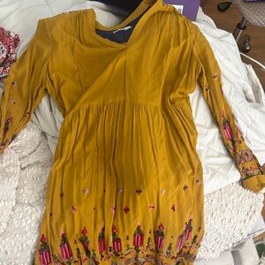 Floreat Golden Dress with Colorful Embroidery